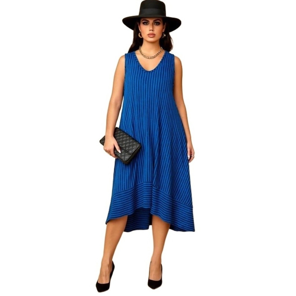 H by Halston Dress Womans XL Petite Blue Black Striped Sleeveless Shift Pockets‎